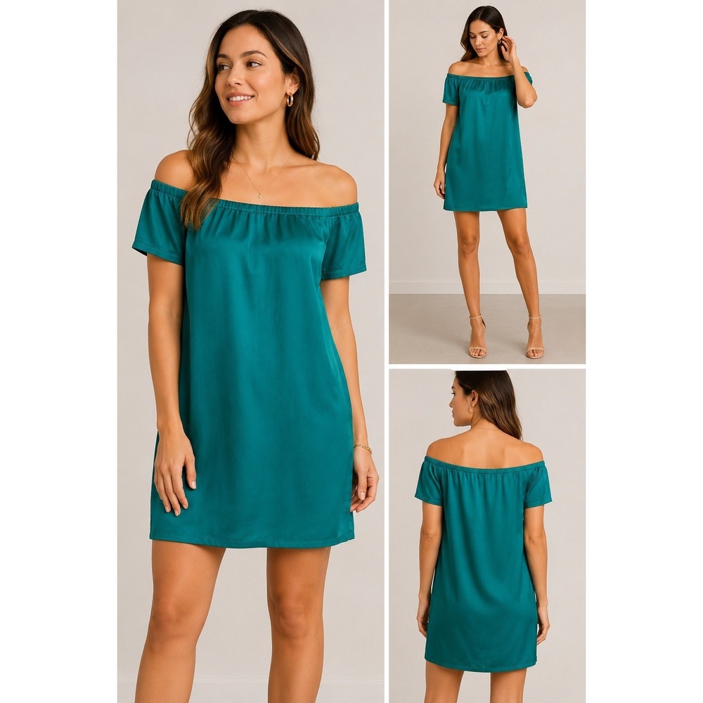 Theory Lilibeth Teal Green 100% Silk Off Shoulder Mini Shift Dress Womens S